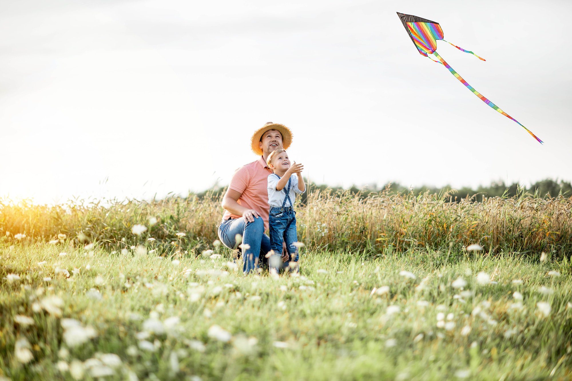Father and son with air kite in a field