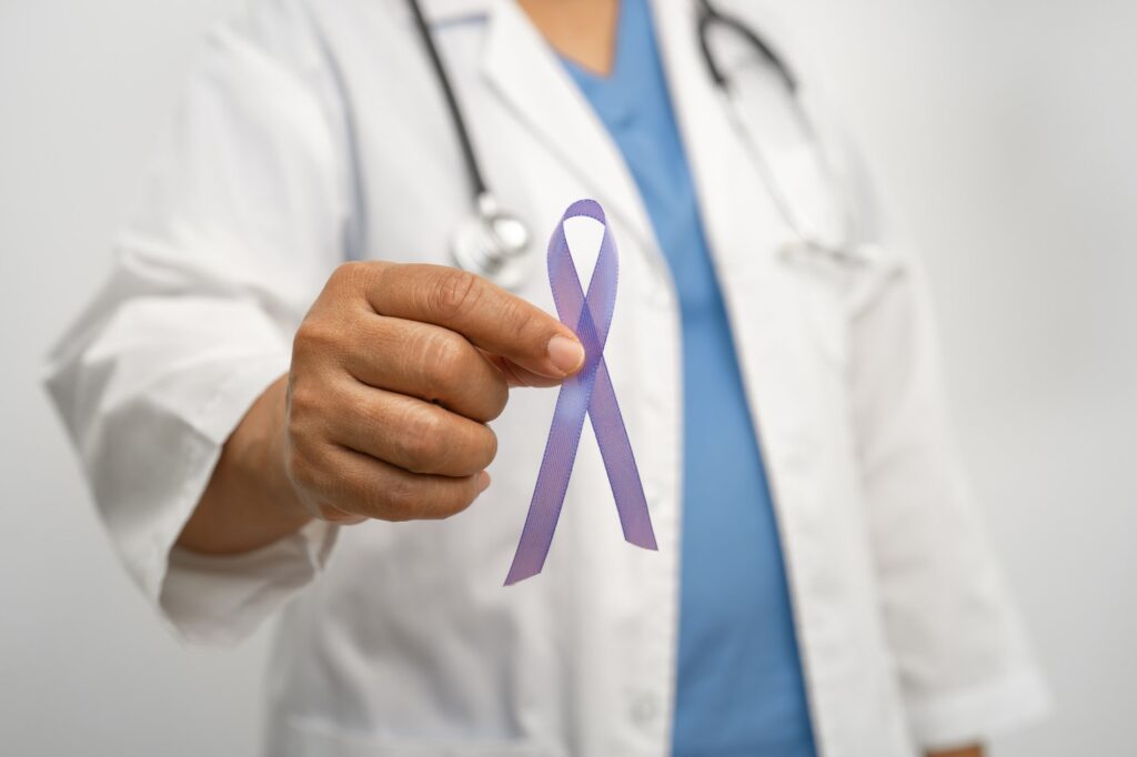 Asian woman doctor with purple ribbon, sign of Alzheimer disease day, Pancreatic cancer, Epilepsy for seizure triggers and epilepsy