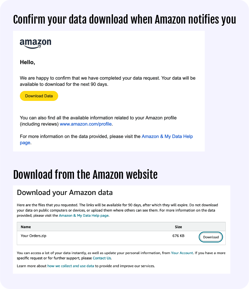 request your data from amazon order history export process new 2024